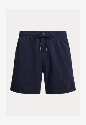 Laivastonsiniset uimashortsit, joissa on teksturoitu kangas, joustava vyötärönauha kiristysnyörillä ja sivutaskut säilytystilaa varten.