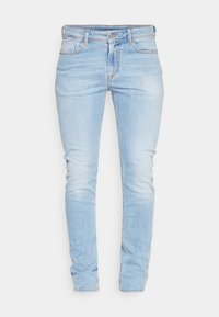 Ljusblå denimjeans med smal passform, rak bendesign, fem fickor och kontrasterande sömnadsdetaljer. Klassisk knap- och dragkedjestängning.