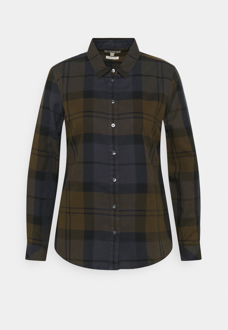 Chemise boutonnée à carreaux vert foncé et bleu marine. Comprend un col classique, des manches longues et un ourlet arrondi. Fabriquée en tissu lisse.