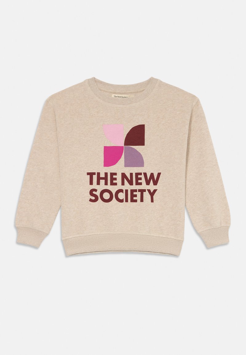 Sudadera beige de manga larga, con formas geométricas en tonos pastel y texto burdeos que dice "LA NUEVA SOCIEDAD" en la parte frontal.