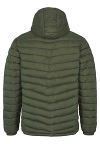 Fodrad olivgrön jacka med huva. Har en chevron-quiltad struktur och elastiska ärmslut. Bakifrån visas slät tyg och ingen synlig hårdvara.