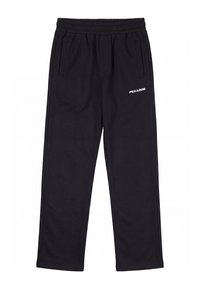 Zwarte casual trainingsbroek met elastische tailleband, twee zijzakken en wit "PEGADOR" logo op de rechterdij.