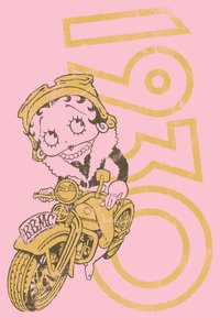 Tegneserie af en pige på en vintage motorcykel, med fede gule linjer og en pink baggrund. Designet inkluderer retro detaljer og legende mønstre.