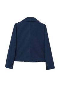 Veste cropped bleu marine avec un large col, des manches longues et des poignets boutonnés. Fabriquée dans un tissu lisse avec un design minimaliste.