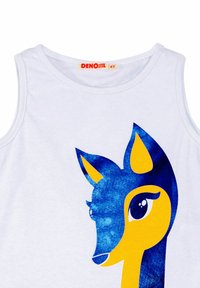White sleeveless T-shirt featuring a blue and yellow cartoon fox graphic on the front. Smooth fabric with a round neckline and stitched edges.