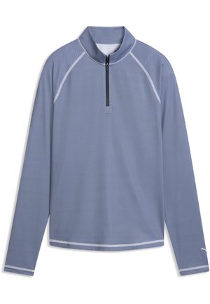 Lichtblauw atletisch shirt met lange mouwen, een kwart rits, contrasterende naden en gestructureerde stof.