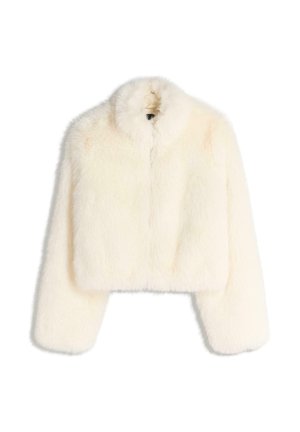 Veste en fausse fourrure blanche cropped avec un col, des manches longues et une fermeture éclair à l'avant. Tissu doux et texturé avec un aspect duveteux.