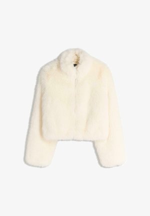 Jachetă scurtă din blană sintetică albă, cu guler, mâneci lungi și închidere prin fermoar. Material moale, texturat, cu un aspect pufos.