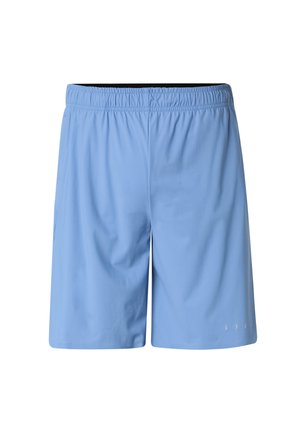 Vaaleansiniset urheiluhousut, joissa on joustava vyötärö ja sileä kangas sekä hillitty logo vasemman lahkeen läheisyydessä, edestä näkymä valkoisella taustalla.