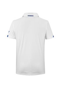 Hvid polo t-shirt med klassisk krave, korte ærmer med blå detaljer på manchetterne, glat tekstur og en løs pasform.