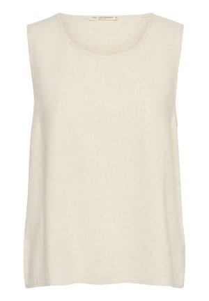 Kätist top valges linase riided, millel on ümar kaelus ja vaba lõige, millel on peen tekstuur ja minimalistlik disain.