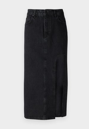 Black denim midi skirt with a front slit. Features standard waistband, belt loops, and front pockets. Smooth texture and straight cut.