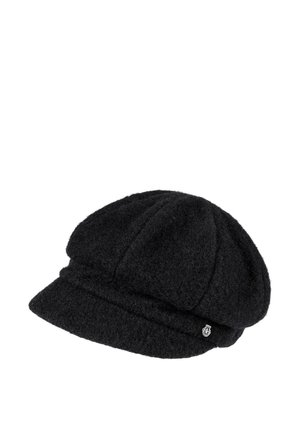 Black woolen newsboy cap with a short brim and a small silver emblem on the side.