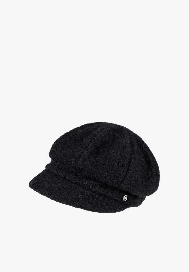 Black woolen newsboy cap with a short brim and a small silver emblem on the side.