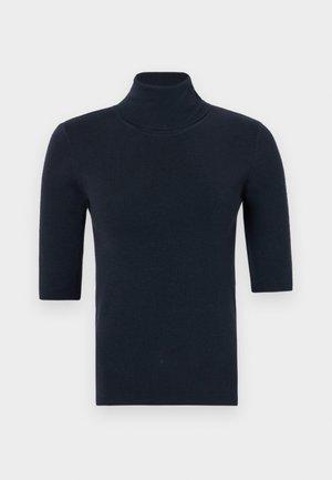 Tamagovo modro pulover s kratkimi rokavi, izdelan iz gladkega pletenega blaga, s tesnim prileganjem in minimalističnim oblikovanjem.