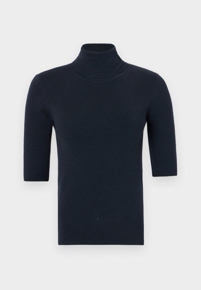 Tums zila turtleneck džemperis ar īsām piedurknēm, izgatavots no gludas trikotāžas auduma, ar pieguļošu piegriezumu un minimālistisku dizainu.