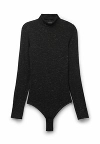 Body nero a maniche lunghe con collo alto, realizzato in un tessuto morbido e testurizzato, con chiusura a scatto alla coscia. Visibile un delicato motivo a puntini.