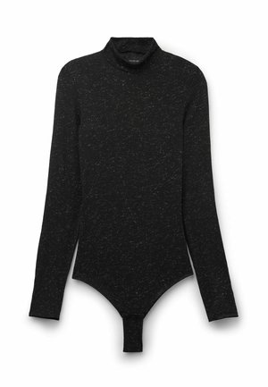 Bodysuit noir à manches longues avec un col montant, en tissu doux et texturé, et une fermeture à pression au bas. Motif subtil de points visibles.