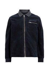 Jachetă din catifea de culoare albastru închis, cu închidere prin fermoar, guler în vârf și un buzunar pe piept. Prezintă o textură uniformă și un design minimal.