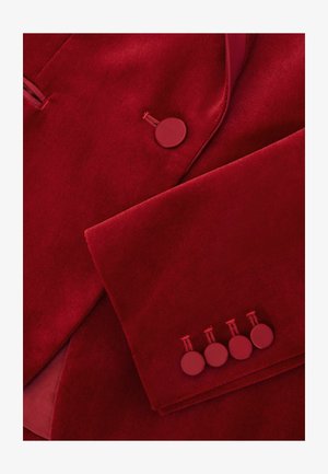 Punane sametist bleiser, millel on sile tekstuur, ümarad nööbid ja kohandatud krae. Kõrval on neli sobivat nööpi.