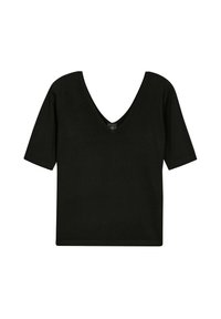 Schwarzes V-Ausschnitt-T-Shirt mit kurzen Ärmeln, aus weichem Stoff. Hat ein minimalistisches Design ohne Muster oder Akzente. Klassische Passform.