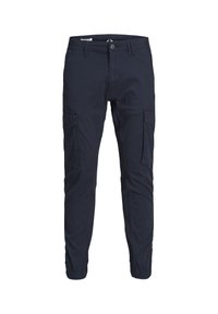Mörkblå cargobyxor med två sidofickor, elastiska muddar och knappstängning. Tillverkade av ett mjukt, slitstarkt tyg med en slät textur.