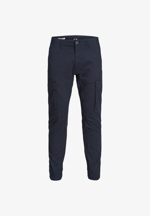 Marineblaue Cargo-Hose mit zwei Seitentaschen, elastischen Bündchen und Knopfverschluss. Hergestellt aus einem weichen, strapazierfähigen Stoff mit glatter Textur.