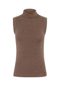 Haut marron côtelé sans manches avec un col roulé ajusté. Le tissu semble doux et extensible, avec un col montant et une texture lisse.