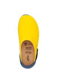 Yellow clogs with a smooth rubber exterior, a dark blue heel, textured insole, and perforated memory foam for comfort.