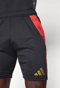 Pantaloni sportivi neri con accenti testurizzati rossi e logo triangolare dorato sull'orlo inferiore. Realizzati in tessuto leggero e traspirante.