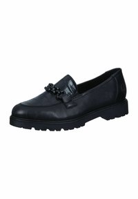 Mocasines de piel negra con un frente texturizado de patrón de cocodrilo, acento de cadena y una suela resistente. Cuenta con una puntera redonda y un diseño sin cordones.