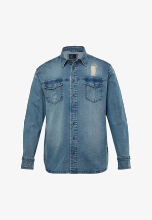 Jeanshemd in Hellblau mit einem verwaschenen Look, featuring einer durchgehenden Knopfleiste, zwei Brusttaschen und abgeriebenen Details an der Schulter.