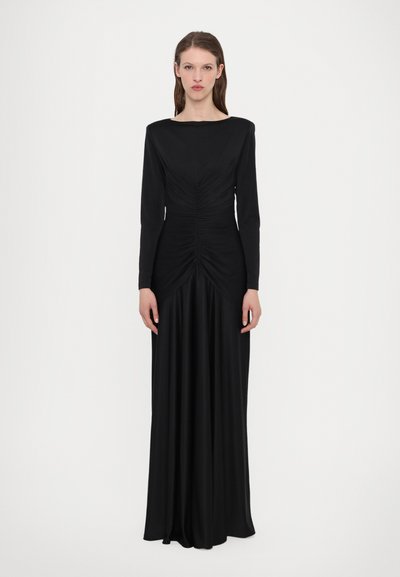 Schwarz langärmliges Abendkleid mit Bootsausschnitt, das geraffte Details am Oberteil und einen fließenden Rock aufweist, aus glattem Stoff gefertigt.