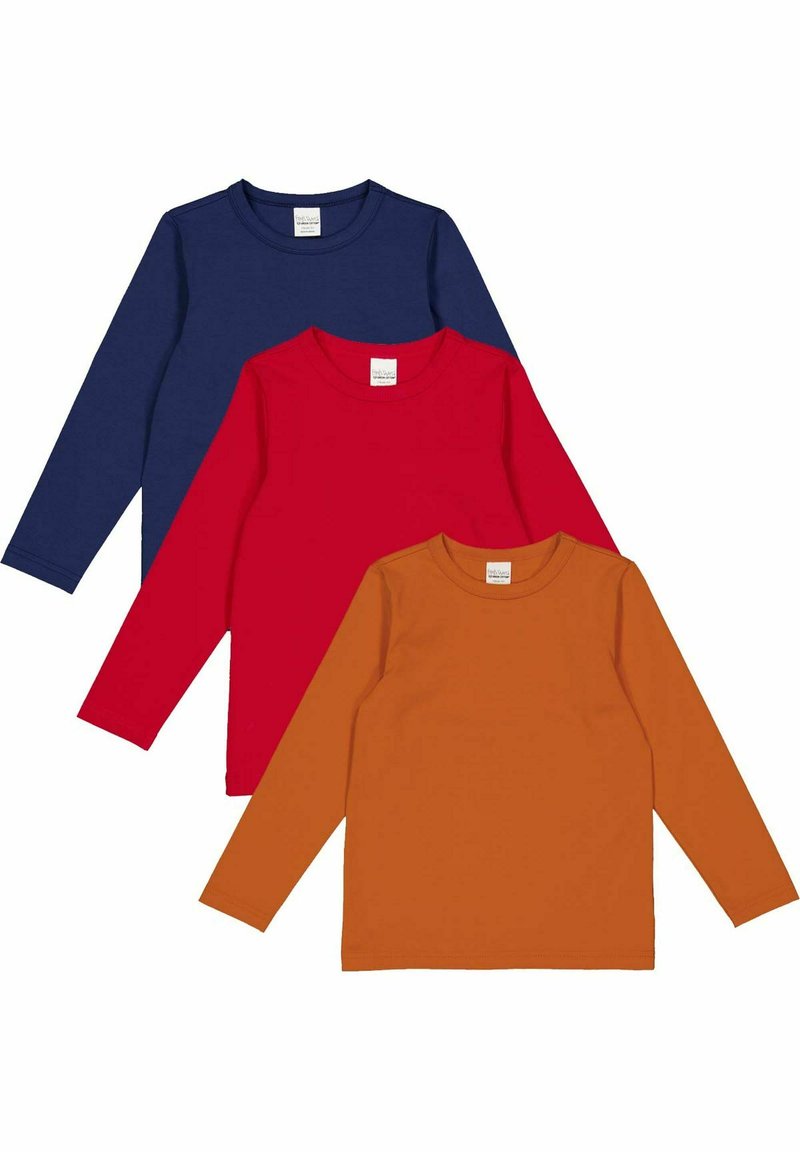 Kolme pitkähièmeäistä t-paitaa tummansinisessä, punaisessa ja oranssissa värissä. Jokaisessa on pyöreä kaula-aukko, ja ne on valmistettu sileästä, kevyestä kankaasta.