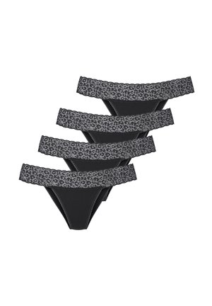 Quatre culottes de bikini noires pour femmes avec bordure en dentelle et ceintures élastiques imprimé léopard gris foncé empilées sur un fond blanc.