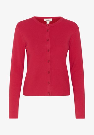 Rød ribbet cardigan med lange ærmer, rund halsudskæring og lukning med knapper foran. Har matchende knapper og en tætsiddende design.