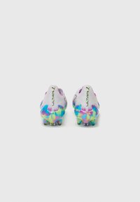 Football boots in purple with a multi-colored pattern featuring blue, pink, and green tones. Lightweight design with spiked soles.