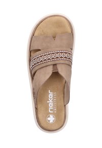 Brown suede sandal with two wide straps and decorative woven accents. Features a cushioned insole and a light, textured outsole.