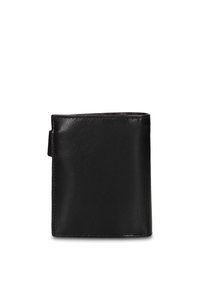 Portafoglio in pelle nera con una texture liscia, forma rettangolare e design minimale. Presenta una linguetta laterale per un'apertura e un accesso facilitati.