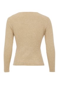 Beige, geripptes Strickoberteil mit langen Ärmeln, runden Halsauschnitt und figurbetontem Design. Weiche Textur und subtile Dehnbarkeit im Stoff sichtbar.