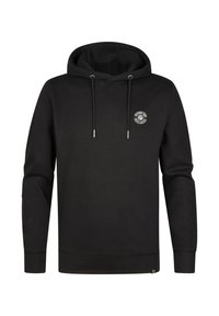 Czarna bluza z kapturem wykonana z miękkiego materiału, z przednią kieszenią, sznurkiem ściągającym i małym logo na lewej piersi. Długie rękawy z ribbowymi mankietami.