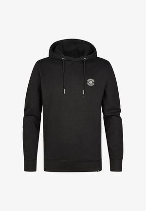 Schwarzer Hoodie aus weichem Stoff, mit einer vorderen Tasche, Kordeln und einem kleinen Logo auf der linken Brust. Lange Ärmel mit ribbed Bündchen.