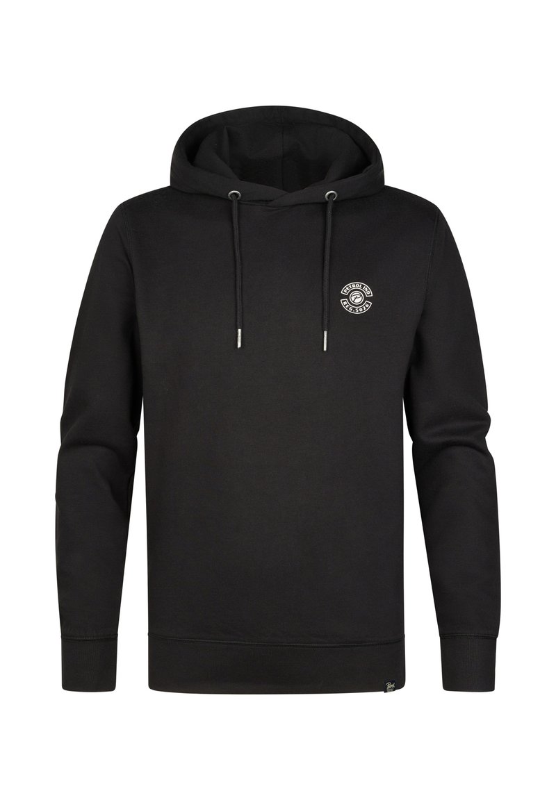 Czarna bluza z kapturem wykonana z miękkiego materiału, z przednią kieszenią, sznurkiem ściągającym i małym logo na lewej piersi. Długie rękawy z ribbowymi mankietami.