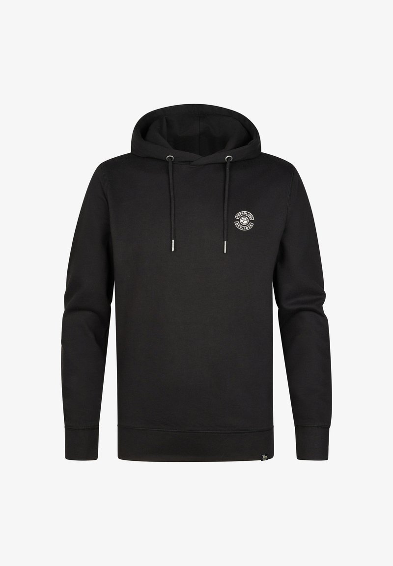 Černá mikina s kapucí vyrobená z měkké tkaniny, s přední kapsou, šňůrkami a malým logem na levém prsou. Dlouhé rukávy s žebrovanými manžetami.