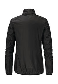 Schwarze, leichte Jacke mit hohem Kragen, langen Ärmeln und einer glatten, glänzenden Oberfläche. Verfügt über elastische Bündchen und ein dezentes Logo-Detail am Saum.