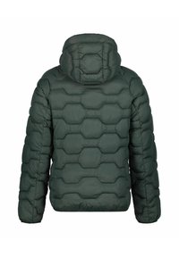 Zelená zateplená bunda s kapucí, s šestiúhelníkovým prošíváním a hladkým povrchem, bez viditelných zipů nebo kovových částí. Zadní pohled.