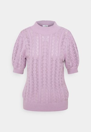 Lilac short-sleeve knitted sweater with a high neck, featuring a textured lace pattern and ribbed cuffs and hem.
