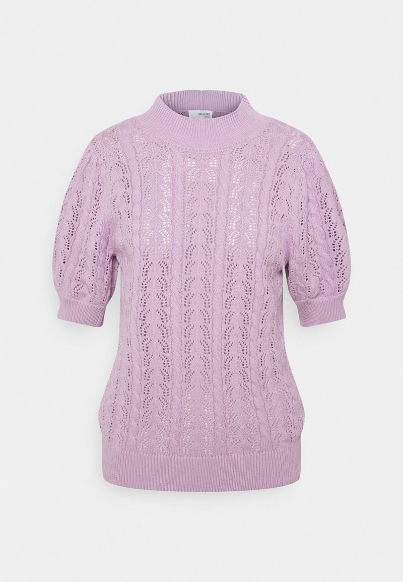 Pull en tricot lilas à manches courtes avec un col montant, présentant un motif en dentelle texturée et des bords côtelés aux poignets et à l'ourlet.