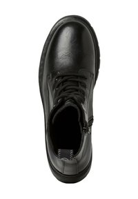 Black leather ankle boot featuring a round toe, lace-up front, side zipper, and textured finish. Sturdy rubber sole with tread pattern.
