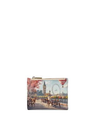 Piccola pochette con cerniera con monumenti di Londra, tavoli all'aperto di un caffè, alberi autunnali e una mongolfiera nel cielo.